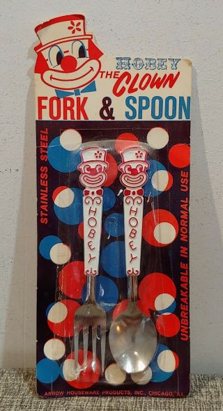 VINTAGE ANTIQUE HOBEY the CLOWN FORK & SPOON SET TOY 1950s OLD CIRCUS NOS MT MOC 2