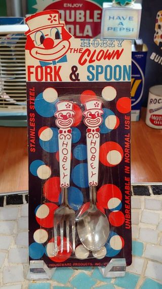 VINTAGE ANTIQUE HOBEY the CLOWN FORK & SPOON SET TOY 1950s OLD CIRCUS NOS MT MOC 3