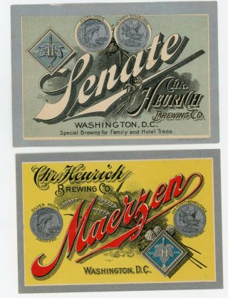 Two Pre Prohibition Beer Labels; Senate & Maerzen,  By Chr.  Heurich Bry,  Wash.  Dc