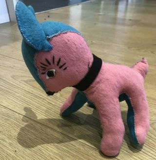 1950s/1960s Well - Loved Pink/blue Felt Vintage Toy Lamb,  Made By Hand