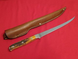 Vintage Schrade Uncle Henry Usa 167uh Stag Handle Fillet Knife W/ Leather Sheath