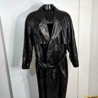 J.  Walden Vtg Long Spy Trench Leather Coat Mens 40 Size M Black Belted