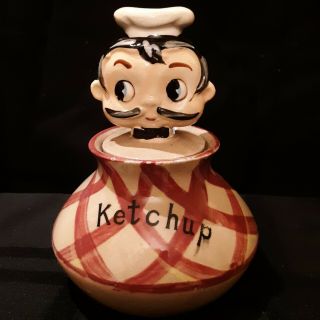 Vintage Chef Head Ketchup Condiment Jar With Serving Spoon