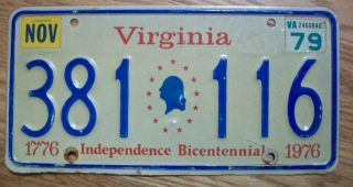 Single Virginia License Plate - 1979 - 381 116 - Independence Bicentennial