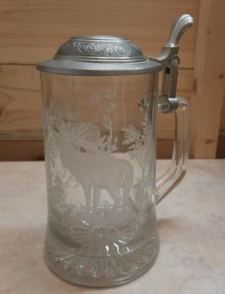 Clear Glass Tankard With Pewter Lid Etched Stag Scene.