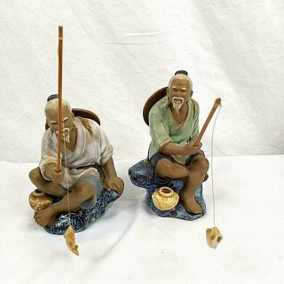 Vintage Chinese Shiwan Mud Men Fishermen Ceramic Figurines Set Of 2