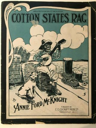 1910 Black Theme Sheet Music,  Cotton States Rag W/ Black Caricature Cover