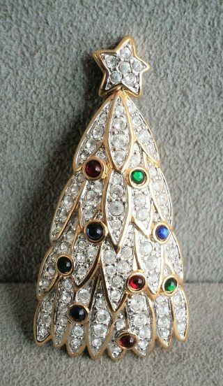Vtg Signed Swarovski Crystal Christmas Holiday Tree Brooch In Orig Box & Cert