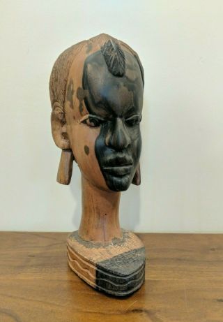 Carved Wood Bust Of African Woman With Braids And Large Earrings
