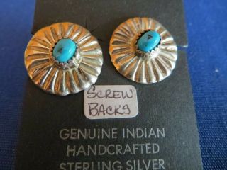 Vintage Zuni Hand Crafted Screw Back Turquoise Sterling Silver Earrings C.  1930