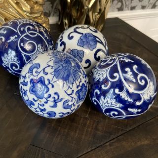 Set Of 4 Blue And White Chinese Porcelain Hand Painted 4.  5 In.  Decorative Ball