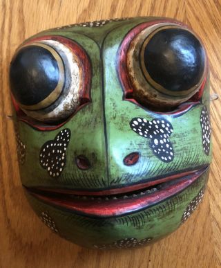 Vintage Balinese Indonesian Carved Wood Godogan Frog Mask - Hinged Mouth Art