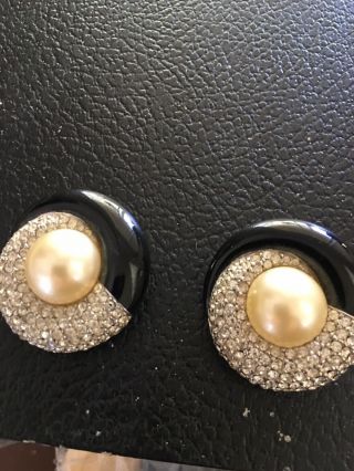 Vintage Glitzy Ciner Black Enamel,  Rhinestone And Pearl Clip Earrings