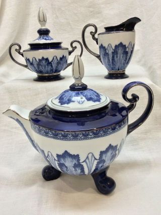 Large Cobalt Blue & White Porcelain Tea Set - Chinoiserie Style - Bombay Grace