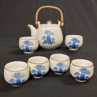 Vintage Otagiri Omc Stoneware Tea Set Blue Mushroom Rattan Handle 6 Cups