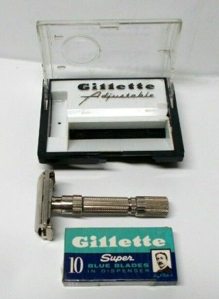 Vintage 1959 Gillette E - 4 Fat Boy Safety Razor W/case & 10 Blue Blade Dispenser