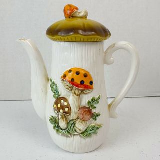 Vintage 1970s Sears Roebuck & Co Merry Mushroom Ceramic Coffee Tea Pot W/ Lid