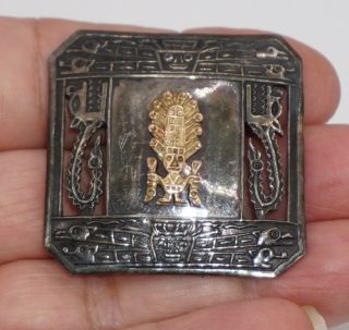 Vintage Peru 18k Yellow Gold And Sterling Silver.  925 Brooch Pin Inca Mayan