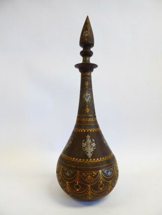 Vintage 25 " Tall Metal Decanter With Silver And Gold Inlays - Ginie In A Bottle