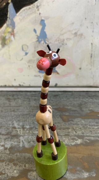 Wooden Collapsing Giraffe Thumb Push Button Toy Vintage Decor Style Hand Painted