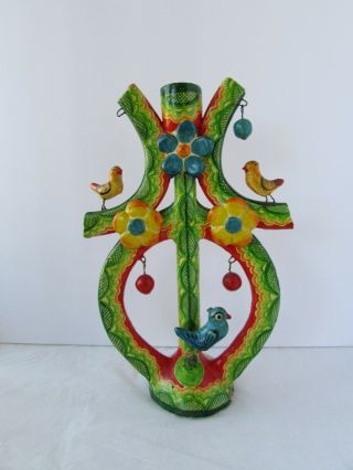 Vintage Mexican Folk Art Clay Pottery Tree Of Life Candlestick Holder Birds