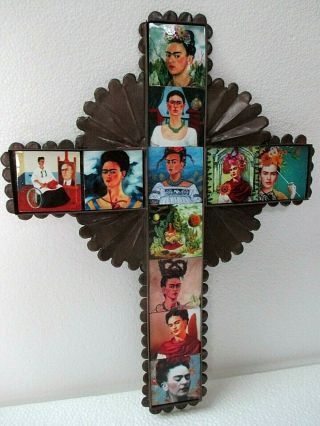 Mexican Folk Art Punched Tin Religious Wall Cross Frida Kahlo Wood Tile 15 "