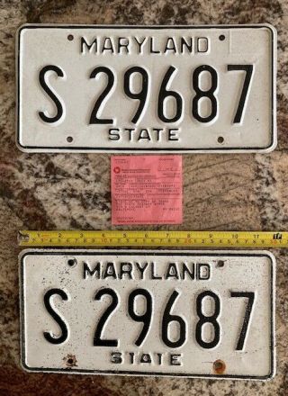 1984 - 1985 Maryland State Government License Plate S 29687 Pair W/registration