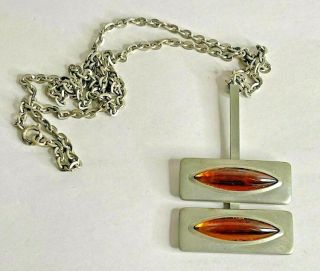 Vintage Jorgen Jensen Pewter Pendant Necklace W/ Orange Stones 230b