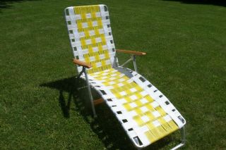 Vintage Aluminum Frame Yellow White Webbed Chaise Lounge Chair - Lawn Beach Patio,