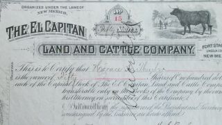 1894 Fort Stanton Mexico El Capitan Land & Cattle Company Stock Certificate 2