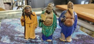 3 Vintage Shiwan Mudman Chinese Pottery Figurines 3.  25 " - 3.  5 " High