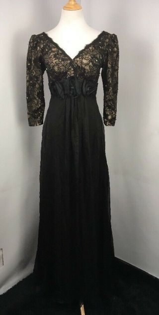 Vtg 80s Jovani Black Sheer Illusion 3/4 Sleeve Lace Floral Formal Gown Dress 8