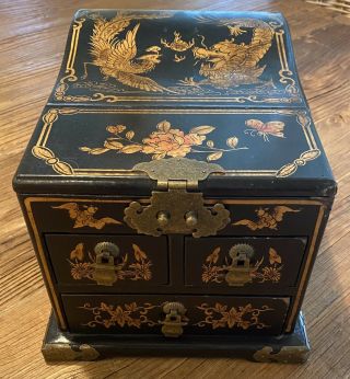 Vintage Asian Chinese Dragon Phoenix Folding Mirror Lacquer Wood Jewelry Box