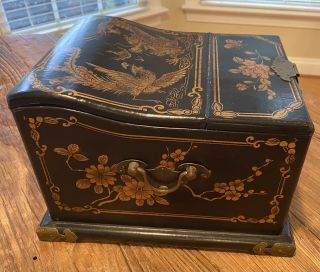 Vintage Asian Chinese Dragon Phoenix Folding Mirror Lacquer Wood Jewelry Box 3