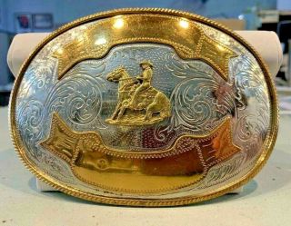 Large Ornate Country Western Cowboy Rodeo Belt Buckle,  German Silver