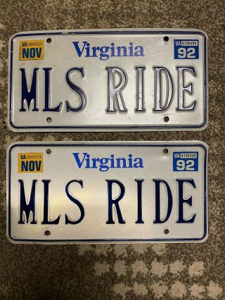 1992 Virginia Vanity License Plate Pair “mls Ride”