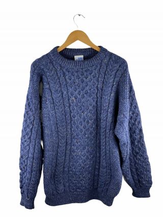 Vintage John Molloy Aran Knit Jumper Mens Size L Blue 100 Wool Made In Ireland