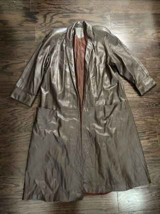 Vintage Womens Brown Leather Full Length Duster Trench Coat Womens Size Large