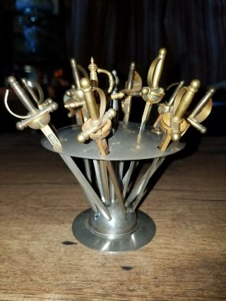 Vtg Mid Century Brass Toledo 12 - Sword Cocktail Appetizer Pick Set With Holder