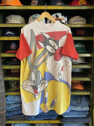 Vintage Crazy 1995 Looney Tunes Shirt All Over Print Shirt Tee Xl 90s Aop Bugs