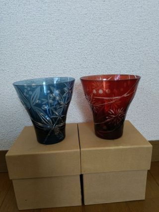 Edo Kiriko Pair Glass Red Lapis Lazuli Traditional Craft Glass Art From Japan