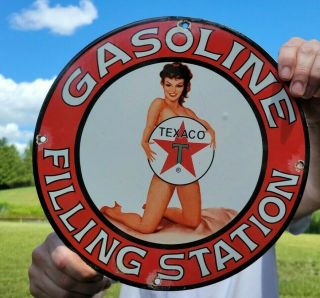 Old Vintage Texaco Gasoline Porcelain Enamel Gas Pump Filling Station Sign