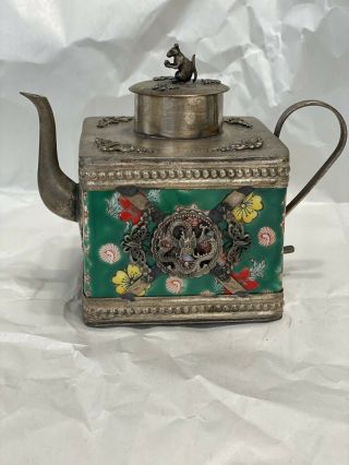 Vtg Chinese Tibet Square Porcelain Silver/metal Tea Pot Dragon Butterfly (rdt321