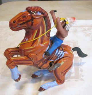 Vintage Mechanical Indian On Horse Wind Up Tin Toy Mtu Korea
