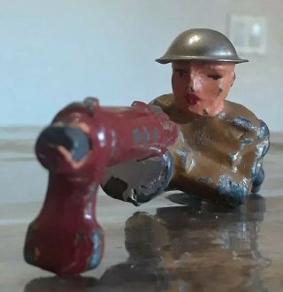 Vintage Barclay Manoil Machine Gunner Soldier Lead Soldier With Tin Helmet