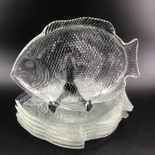 Vintage Set Of 6 Clear Pressed Glass Fish Shaped Dinner Plates 11 " X 8“ Nautical