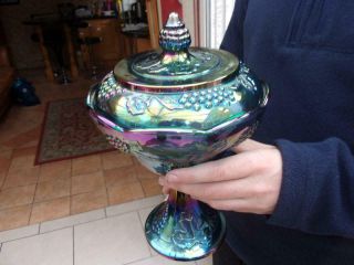 Vintage Iridescent Indiana Blue Lidded Glass Carnival Glass Candy Graper Bowl