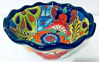 Mexican Talavera Pottery Wavy Salad Bowl Deep Dish Serving Folk Art