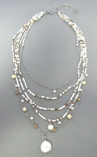 Vintage Silpada Sterling Multi Strand Milk Glass Bead Mother Of Pearl Necklace