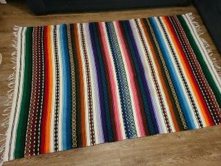 Vtg Hand Woven Mexican Textile Falsa Blanket Cotton Wool Striped Fringe 58 X 86